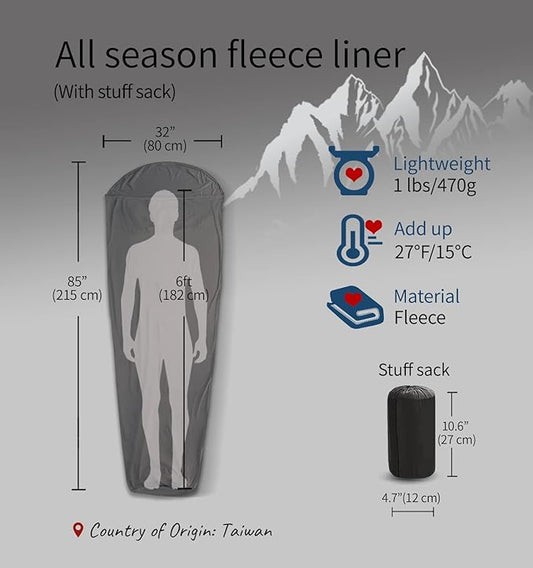 All Season Fleece Sleeping Bag Liner Adds Up to 27°F/ 15°C, Lightweight Mummy Sleeping Sack for Cold Weather and Winter Backpacking, Camping, Traveling with Drawstring Hood and Stuff Sack E629