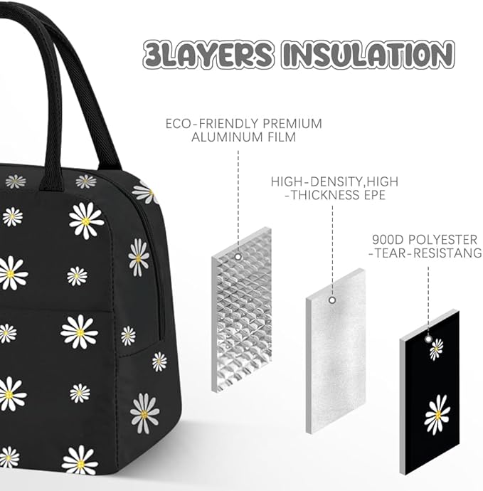Womens Lunch Tote, Cute Black Daisy Men Lunch Bag Waterproof, Reusable Foil Fabric Cooler Bags Insulated for Work, Picnic, Outdoor