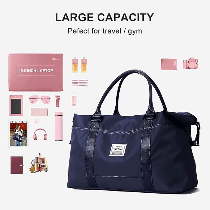 Dark Blue Sport Travel Duffle Bag Large Gym Tote Bag for Women, Weekender Bag Carry on Bag for Airplane, Ladies Beach Overnight Bag Waterproof Luggage Bags with Wet Pocket