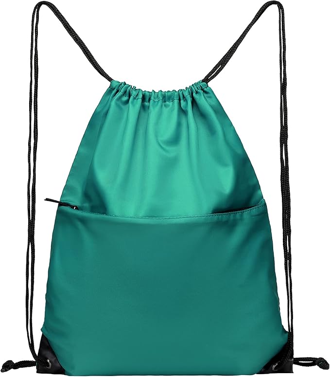 BuyAgain Drawstring Backpack Sports Water Resistant String Bag Sport Gym Sackpack for Women Men Students Large Size with Zipper, Teal