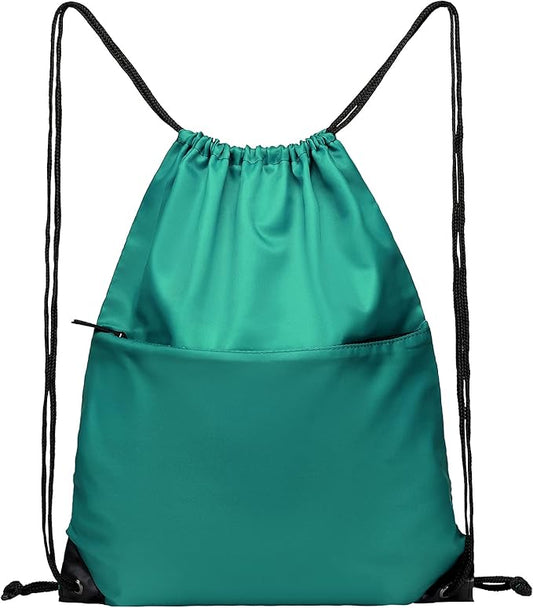 BuyAgain Drawstring Backpack Sports Water Resistant String Bag Sport Gym Sackpack for Women Men Students Large Size with Zipper, Teal