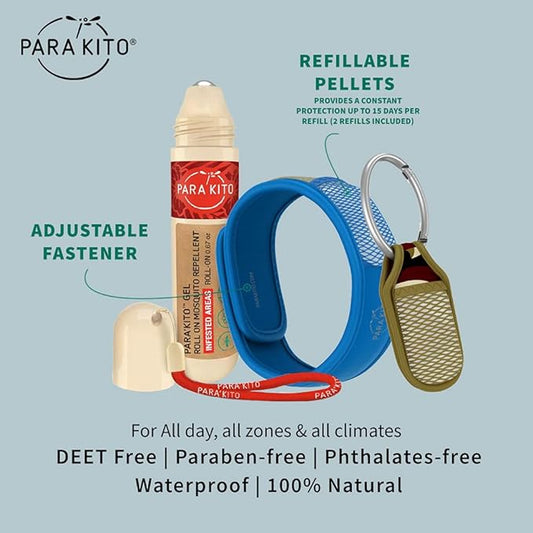 PARA'KITO Mosquito Repellent Bundle - 1 Roll-on | 1 Wristband | 1 Clip (Roll-on + Blue + Camo)