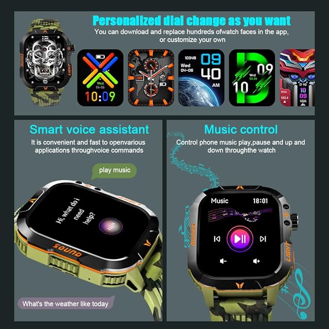 QTLLBT Men's Military Smart Watch HD LED Altimeter Barometer Fitness Tracker Sports Watch with Heart Rate SpO2 Pressure Sleep Monitoring Function Men Women Watch