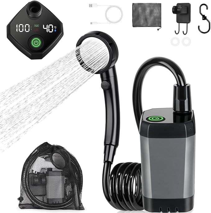 Portable Shower for Camping, [Long-Lasting] 6000mAh Rechargeable Camping Shower with Intelligent LED Display, IPX7 Waterproof Outdoor Shower Kit for Hiking, Travel, Car, Pet