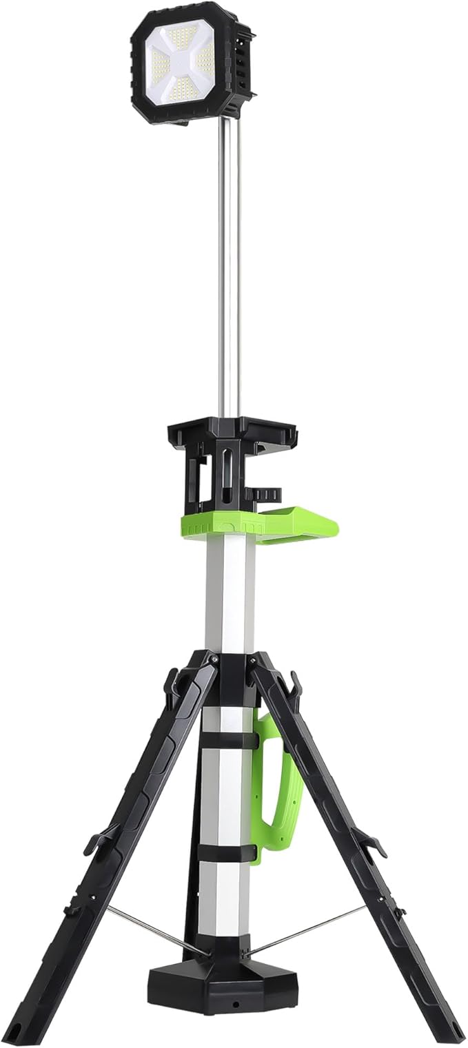 Cordless 10000LM Heavy-Duty LED Work Light on Stand, 4 Modes Super Bright, 9000mAh Rechargeable Work Light with Folding Tripod, Multi-Angle Lighting for Jobsite, Camping, Automotive