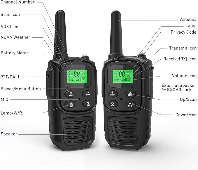 Rechargeable Walkie Talkies,Fvamom Walkies Talkies for Adults with 22 Channels,Long Range Walkie Talkies with NOAA Weather Channels,VOX LCD Display LED Flashlight (Black)