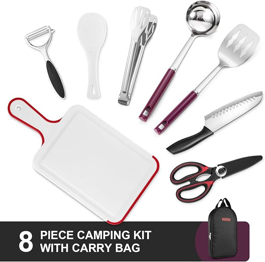 Odoland 8 Pcs Camping Cookware Utensils Travel Set, Camp Kitchen Utensil Organizer with Tongs, Scissors, Cutting Board, Rice Paddle and Water Resistant Case for Backpacking, Outdoor Camping