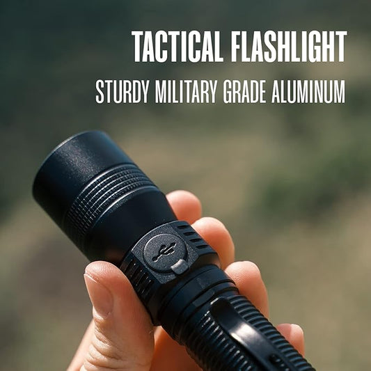 Hayvenhurst LED Flashlight - EDC Flashlight - Tactical Flashlight - 3 in 1 Lightweight, Compact and Rechargeable Pocket Flashlight with Lavish Black Body for Emergency Power Outage