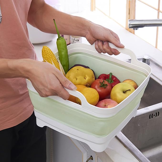 2.4 Gal(9L) Collapsible Dish Basin with Drain Plug, Space Saving Outdoor Multiuse Foldable Sink Tub, Dishpan, Kitchen Storage Tray for Camping, Vegetable Washing, RV (Green)