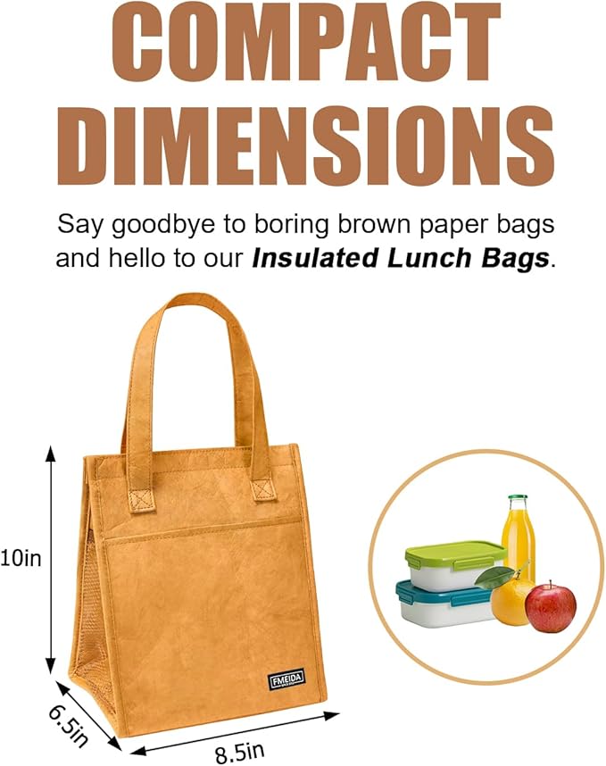 Fmeida Insulated Lunch Bag Women - Reusable Paper Lunch Bag Adult - Small Lunch Tote Bag Aesthetic - Portable with Front, Side, Interior Pockets - Great for Office College Beach Picnic Hiking