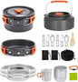 Camping Cooking Set Camping Cookware Outdoor Aluminum Mess Kit with Frying Pan, Pot with Lid, 1.2L Kettle Set and 2 Stainless Steel Plate, 2 Folding Cups and 2 Set Knives Spoons for Backpacking Picnic