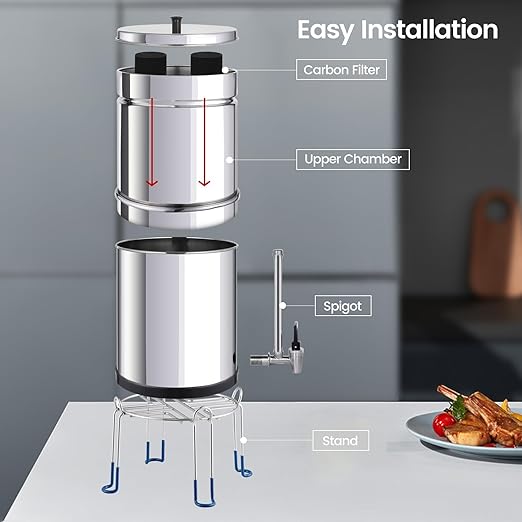 NSF/ANSI 42&372 Standard Stainless Steel Portable Gravity-Fed Water Filter System Water Filter System with Filter and Sight Glass Spigot at Home and Camping (BT-2.25C-B)