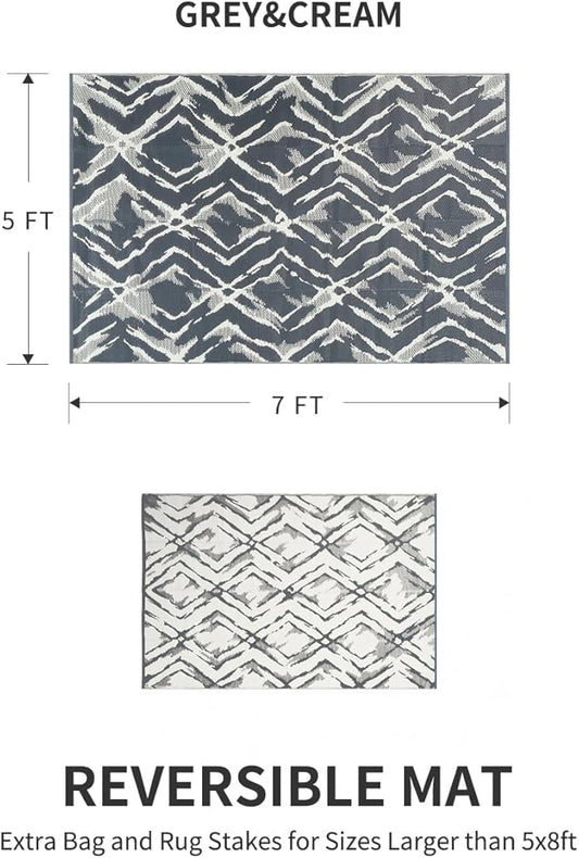 MontVoo Outdoor Rug Waterproof-Patio Rug Mat 5x7 Outdoor Carpet Reversible RV Camping Picnic Plastic Straw Rug Outside Outdoor Area Rug for Balcony Deck Backyard Patio Decor Modern Abstract