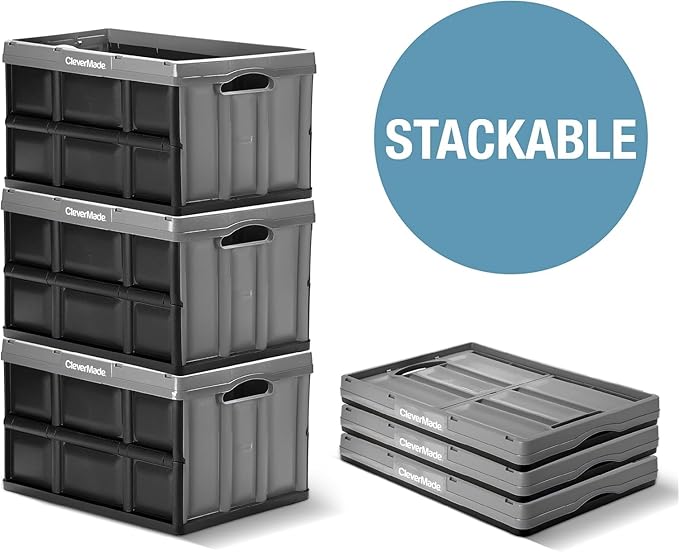 CleverMade Collapsible Storage Bins - Obsidian 3 Pack 62L - Stackable Containers Heavy Duty Capacity Folding Crates - Space-Saving for Home