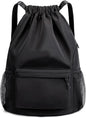 Sports Drawstring Backpack String Swimming Gym Bag Backpack with Shoes Compartment and Pocket for Men Women (black)