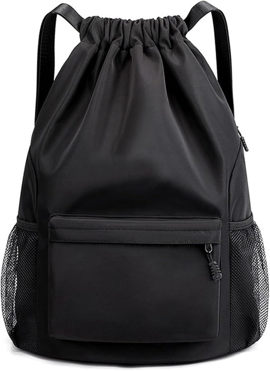 Sports Drawstring Backpack String Swimming Gym Bag Backpack with Shoes Compartment and Pocket for Men Women (Black-Small)