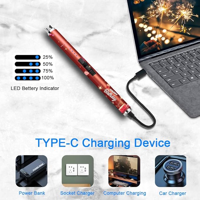 MeeToo Candle Lighter Electric Lighter Rechargeable USB Type-C Lighters for Candle BBQ Camping Fireworks (Birthday Red)