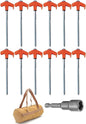 8" Screw in Tent Stakes - Ground Anchors Screw in, Screw in Tent Stakes Heavy Duty, Tent Pegs Camping Stakes, Metal Threaded Tent Spikes, Screw Tent Stakes with Hex Sleeves (12Pcs+Bag Orange)