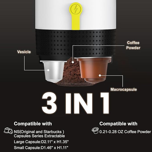 Portable Espresso Maker,Travel Coffee Maker for Camping, Car Coffee Maker Self-Heating with USB-DC,3-in-1 Extraction of 8g Ground Coffee & NS Capsule for Hiking,Office,RV(White)