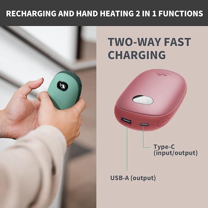 Unigear Electric Hand Warmers Rechargeable, 10000mAh Portable USB Hand Warmer & Power Bank with 21 Heating Levels and Quick Charge, 1 Second Fast Heat up, Great for Raynauds, Outdoor Sports, Camping