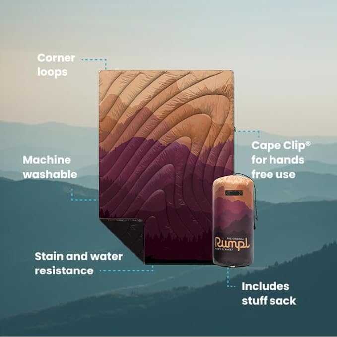 Rumpl Original Puffy Blanket - Warm Puffy Camping Blanket, 100% Recycled Polyester Insulation, Lightweight, Packable, Water-Resistant, Outdoor Puffer Blanket, 52"x75", V1, Teton Fade