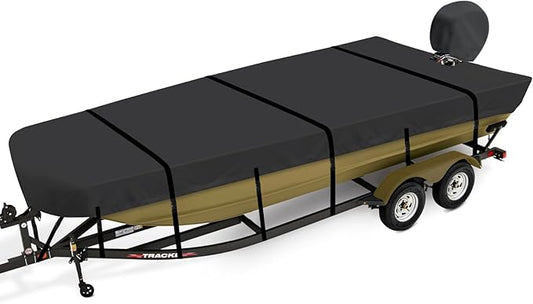 Jon Boat Cover 14 ft, 900D Heavy Duty Trailerable Waterproof Jon Boat Cover 14 Foot with Motor Cover, Marine Grade Canvas,Black