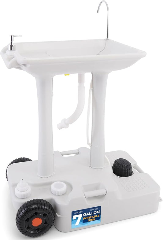 SereneLife SLCASN25 Portable Camping Sink w/Towel Holder & Soap Dispenser-30L Water Capacity Hand Wash Basin Stand w/Rolling Wheels-for Outdoor Events, Gatherings, Worksite & Camping