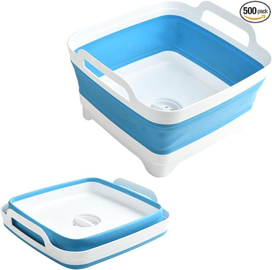 Collapsible Dish Basin Foldable Kitchen Sink With Drain Plug Plastic Laundry Tub 9L/2.4Gal RV & Camping Wash Basin Space-Saving Bottle Washing Sink(Blue)