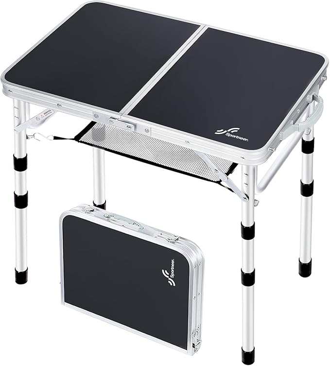 Sportneer Folding Table: Adjustable Height Camping Essentials 23.6" L x 15.7" W 3 Height with Mesh Layer - Compact & Portable Small Folding Table for Outdoor Camp Garden Picnic BBQ Dining Cooking