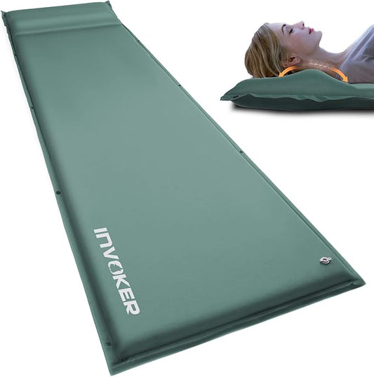 INVOKER Camping Sleeping pad - Self-Inflating 2inch Thick FexFoam Camping Mat,Ultralight&Compact Air Mattress Fast Inflatable for Traveling Backpacking Hiking Tent - Built-in Contour Pillow(Green)