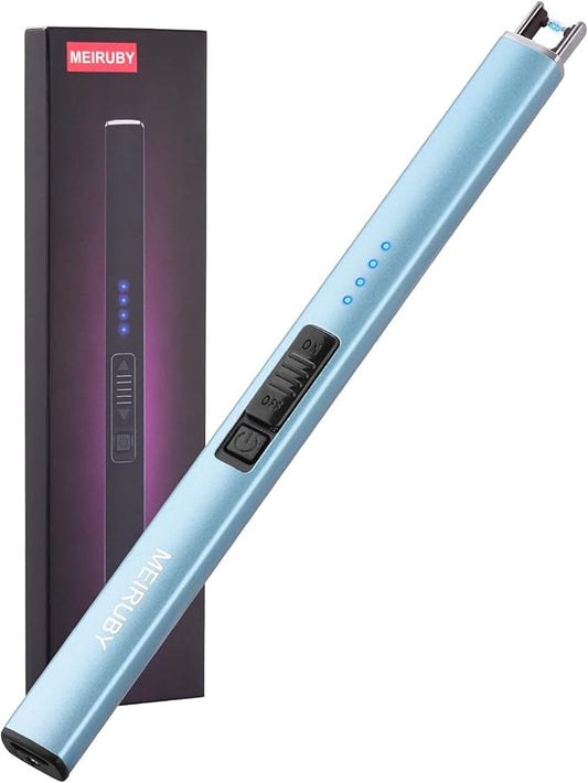 MEIRUBY Lighter Electric Candle Lighter Long Electronic Rechargeable USB Lighter Arc Windproof Flameless Lighters for Candle Camping BBQ Birthday Women's Day Gifts for Women Mom Wife Men, Light Blue