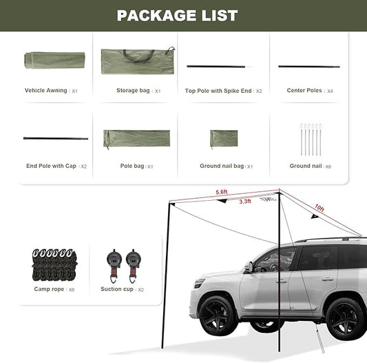 Portable Car Awning for SUV, 10 x 5.6 FT Van Truck Awning for Camping, Needn't Roof Rack Hardwares Waterproof UV50+