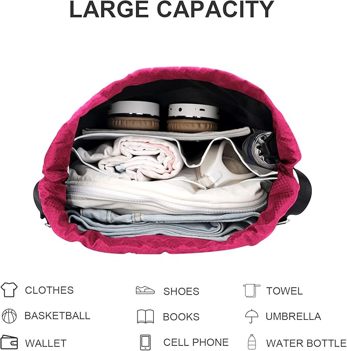 Drawstring Backpack Sports Gym Sackpack with Side Mesh Pockets Shoe Compartment Water Resistant String Bag for Women Men (Rose Red)