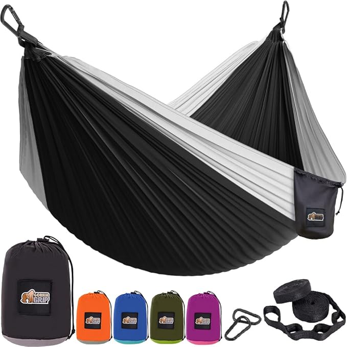 GORILLA GRIP Durable Portable Camping Hammock, Holds 500lbs with Heavy Duty Tree Straps, Comfortable Travel Swing, Camp Hammocks, Easy to Use and Install, Outdoor Essentials, Black, 10x6.5 FT