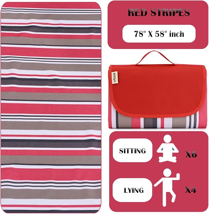 Picnic Blanket Waterproof Washable Foldable 58''x78'',Extra Large Picnic Mat, Dual Layers for Outdoor Water-Resistant Handy Mat, Beach, Intdoor,Camping on Grass - Red Stripes