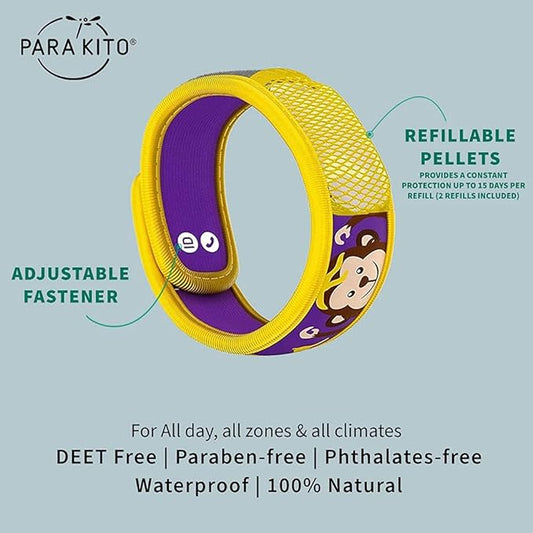 PARA'KITO Bug & Mosquito Bracelets for Kids | Mosquito Spray Alternative | Waterproof, Outdoor Insect Wristband w/Natural Essential Oils | Hiking, Trekking & Camping Accessories (Monkey)