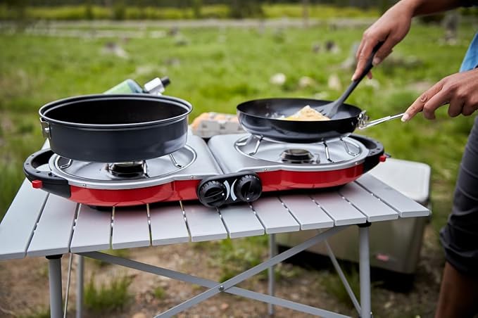 Coleman Fold N Go 2-Burner Propane Camping Stove Portable Folding Camp Stove with Push-Button Instant Ignition 2 Adjustable Burners with Pressure Control and 20000 BTUs of Power