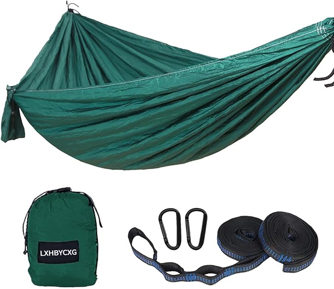 Camping Hammock Double & Single Portable Hammocks Ultralight Nylon Parachute Hammocks with 2 Tree Straps for Backpacking, Travel, Beach, Backyard, Camping, Hiking (Medium, Green Black)