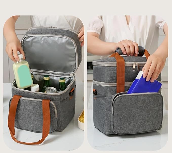 Double Layer Insulated Cooler Lunch Bag – Leakproof Thermal Food Storage Tote with Shoulder Strap – Large Capacity for Work, Travel, or Picnic – Available in Gray, Black & Navy Blue