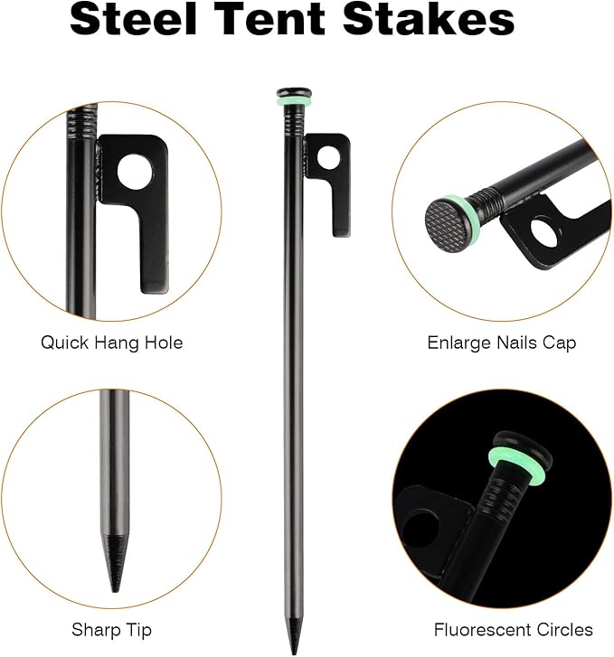 Tent Stakes Heavy Duty & Hammer Set,with 12in Tent Stake Remover +10 in Steel Tent Pegs+Storage Bag +Fluorescent Rubber Circle for Camping Used on Rocks, Grassland,Canopies (10"- 4pack & 12" Hammer)