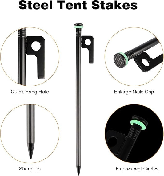 Tent Stakes Heavy Duty & Hammer Set,with 12in Tent Stake Remover +10 in Steel Tent Pegs+Storage Bag +Fluorescent Rubber Circle for Camping Used on Rocks, Grassland,Canopies (10"- 4pack & 12" Hammer)