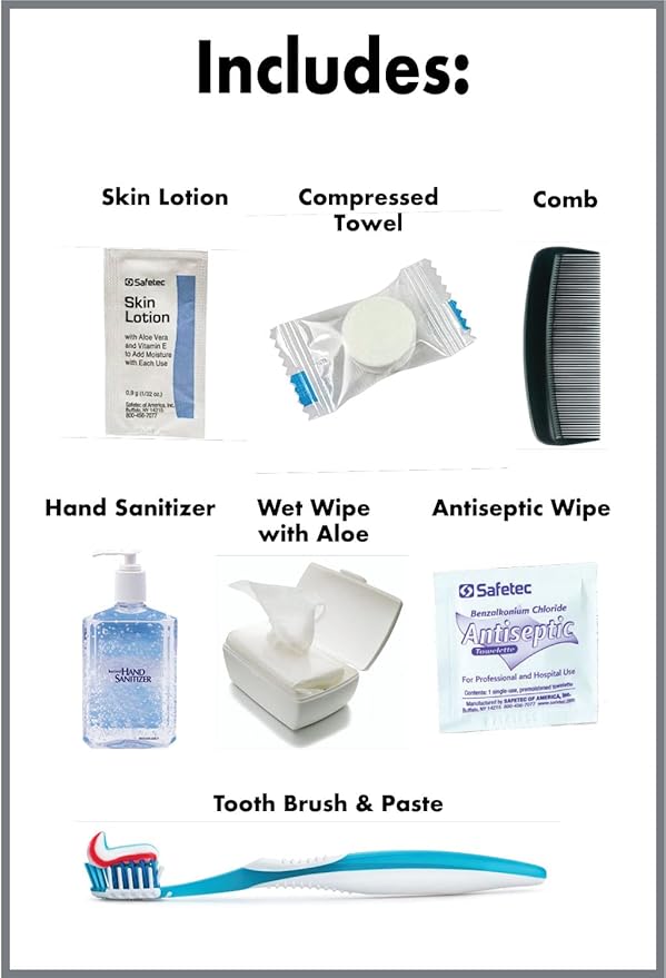 Travel Kit Single Use Traveling Kit with Tooth Brush & Paste, Compressed Towel, Comb, Skin Lotion, Antiseptic Wipe, Wet Wipe & Hand Sanitizer - 5 Units