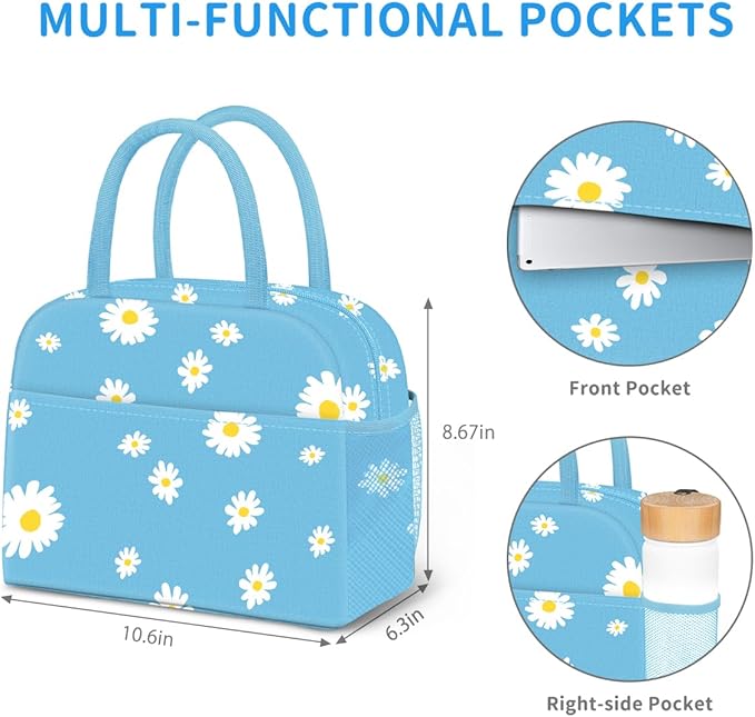 Lunch Bag Lunch Box for Women Men Reusable Insulated Lunch Tote Bag,Food Handbags Case High Capacity for Travel Work Picnic,Sky Blue Daisy