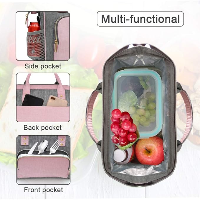 IDEATECH Insulated Lunch Bag, Reusable Lunch Bags for Women, Pink Cute Lunch Cooler Bag, Leak Proof Tote Bag with Adjustable Shoulder Strap for Women Work, Office, Picnic, Beach(Pink)