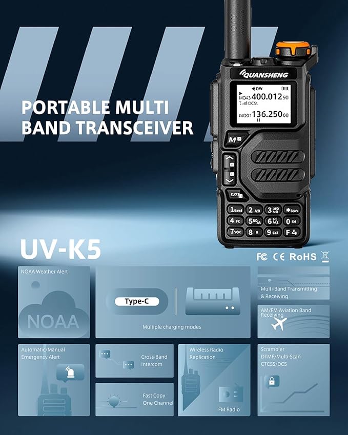 UVK5 AM/FM/DTMF walkie Talkie 200 Channel Type-C Charging Three Frequency Receiving walkie Talkie NOAA Weather Forecast, with Flash VOX Replication Frequency LCD Display