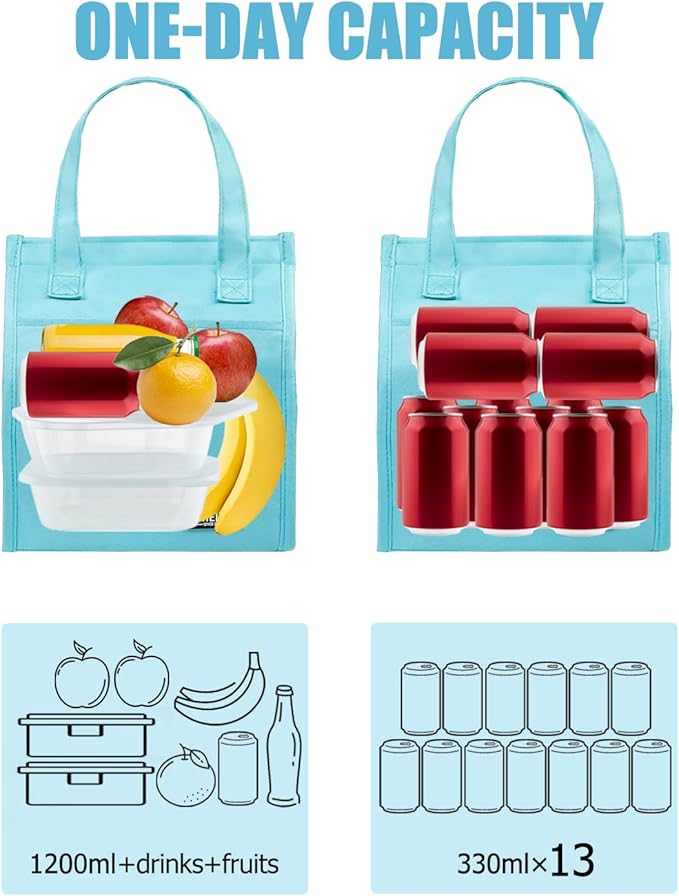 Fmeida Insulated Lunch Bag Women, Simple Lunch Tote Bags, Waterproof Thermal Cooler Lunch Bag, Reusable Adult Lunch Box Bag for Women | Medium Sky Blue, Front&Side&Interior Pockets
