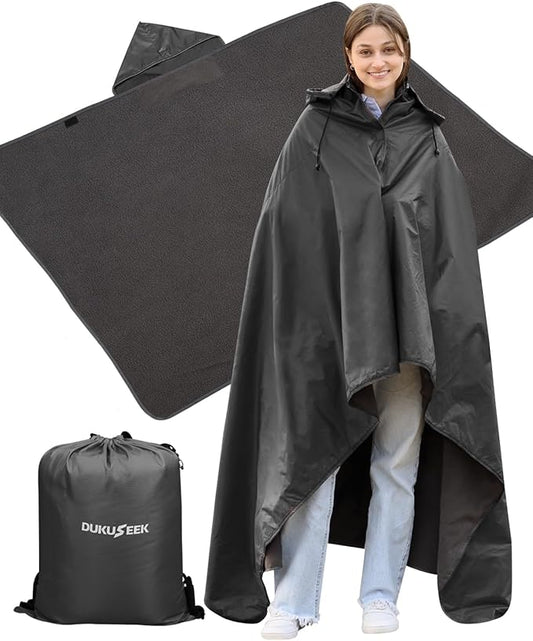 DUKUSEEK Outdoor Waterproof Stadium Blanket with Hood, Windproof Camping Blankets for Cold Weather, Sports, Yard, Soccer, Large Warm Fleece All Weather Blankets, Black 78"x56"
