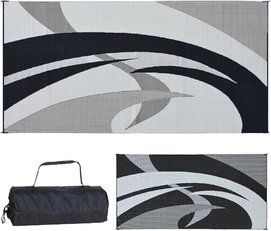 Stylish Camping 159181 9-feet by 18-feet Reversible Mat, Plastic Straw Rug, Large Floor Mat for Outdoors, RV, Patio, Backyard, Picnic, Beach, Polypropylene (PP) , Camping (Black/White)
