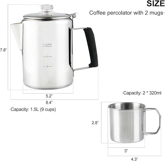 Multi Use 9 Cup Coffee Pot Bundle Coffee Percolator with 2 Mugs Stainless Steel Coffee Maker with Two Heat Resistant Borosilicate Glass Knob Fireproof Silica Handle Using on any Stovetop