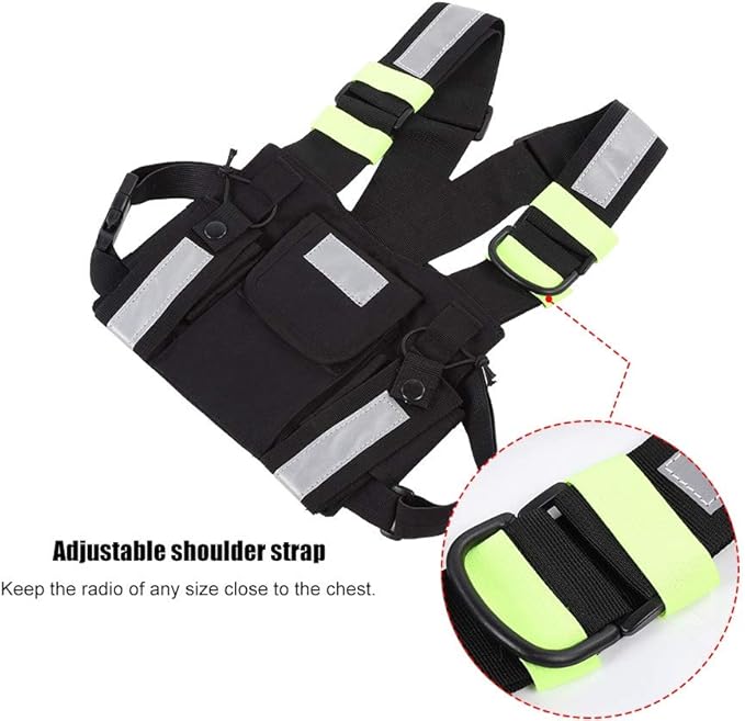 Radio Chest Harness Rig Holster Pack with Front Pouches Zipper Bag and Green Reflective Strips for Walkie Talkies Two Way Radio